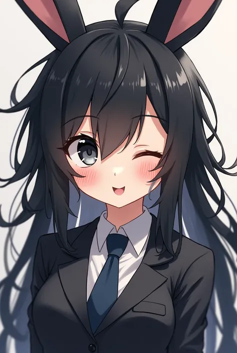 Anime girl,  face, black hair with a beak at the hair, wearing a suit, smiling with black eyes, a rabbit human, rabbit ears hanging down, eyes looking a little sleepy, long hair, looks messy, zoom in++

