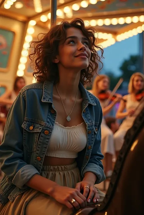 Une fille 21 ans métisse peau couleur café cheveux bouclés en jupe beige haut blanc et veste en jeans dans un carrousel. petit Collier papillon argent et bagues au doigts. Il fait nuit. Clip musique. Des violonistes filles dans le fond.  Elle regarde le ci...