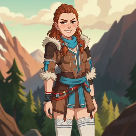 horizon zero dawn Eloy , cartoon screencap, standing, stockings, , smug, dressed, solo, 