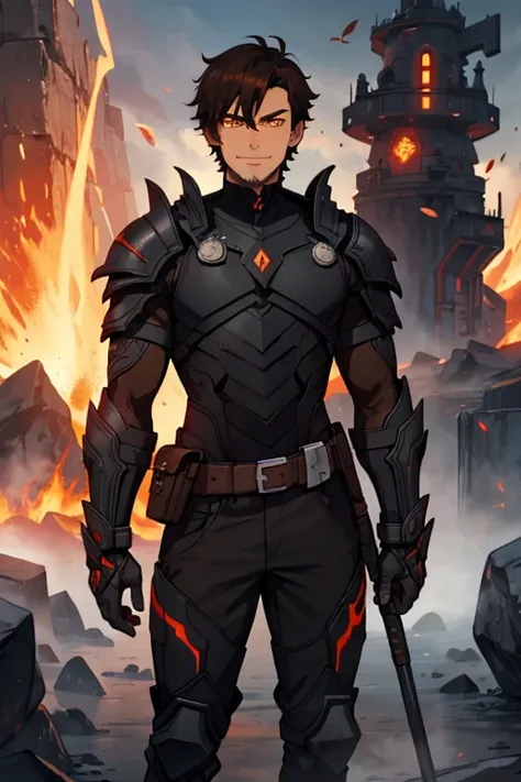 male, black short hair, orange eyes, dark grey rock like skin, lava (((1boy))), (((brown bets))), (black metal shoulder guards), (black goggles), goatee, long legs, gentle smile, older man