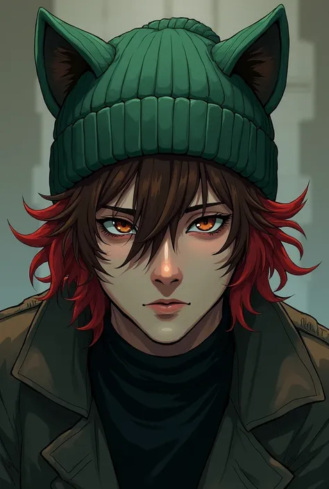 A brunette man full masculine more masculine with curly red hair and a beanie green with cat ears, baggy sleepy eyes and brown asian eyes, manga horror style