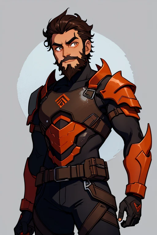 male, black short hair, orange eyes, dark grey rock like skin, lava (((1boy))), (((brown bets))), (black metal shoulder guards), (black goggles), beard, long legs, gentle smile, older man