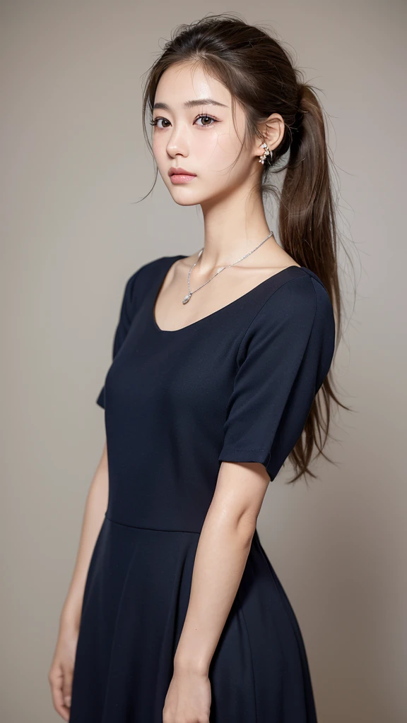 (((masterpiece))), ((photo realistic:1.55)), Japanese girl, fifteen years old, shiny eyes, ((broad jawline)),realistic skin, puffy face, no make up, low ponytail, ((Very light brown hair)), ((messy hair)), Frowning, tearful face, shy smile, Black, ((navy t...