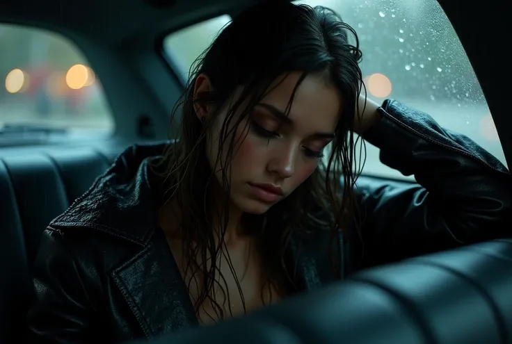 A young woman, drenched in the rain, sitting in the back seat of a car late at night, slumped over, wet hair, wet body, wearing a wet coat, ((masterpiece, highest quality, Highest image quality, High resolution, photorealistic, Raw photo, Extremely detaile...