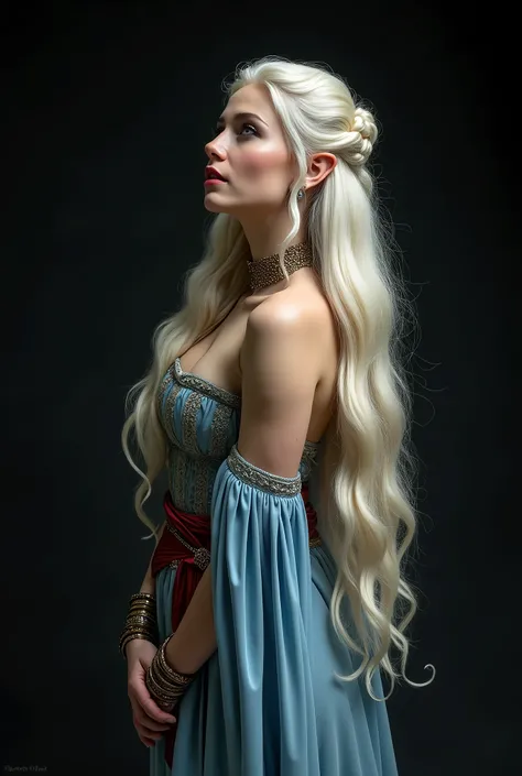 ELVE FEMALE (TOLKIEN) , FULL BODY IMAGE , STUDIO IMAGE STYLE, BLACK INFINITE BACKGROUND, DIFFUSED LIGHTS ON FACE, BACK LIGHTS ON HAIR, LUMINOUS HAIR, CLOSE FACE SHOT, BLONDE LONG HAIR, HUGE STRAIGHT LONG HAIR, BRAID HAIR STYLE, PLATINUM EYEBROWS, VERY PALE...