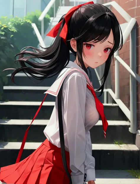 (masterpiece), (Best Quality), (Super detailed), Realistic, (Very delicate and beautiful)　One Girl　Black Hair　Long Hair　ponytail　High school uniform　White Shirt　Red tie　I&#39;m not wearing a skirt　Visible underwear　Pink underwear　(Big Breasts)　Halfway up t...