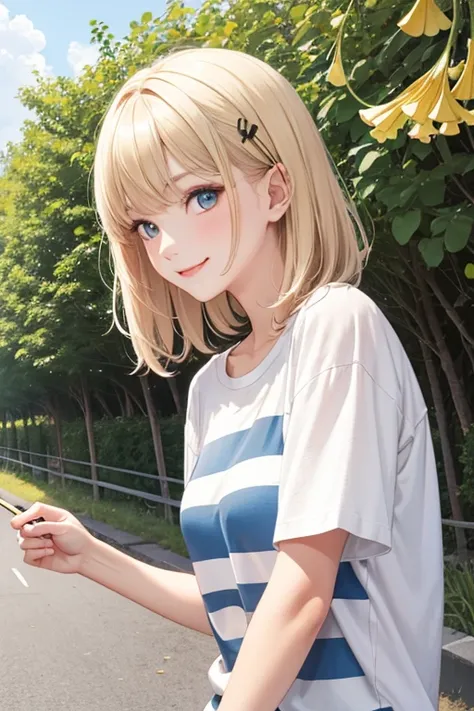 girl　smile　Upper Body　Beautiful eyes　Blonde(hairpin)　Ginkgo Tree Line　White striped short-sleeved shirt　Looking at the camera