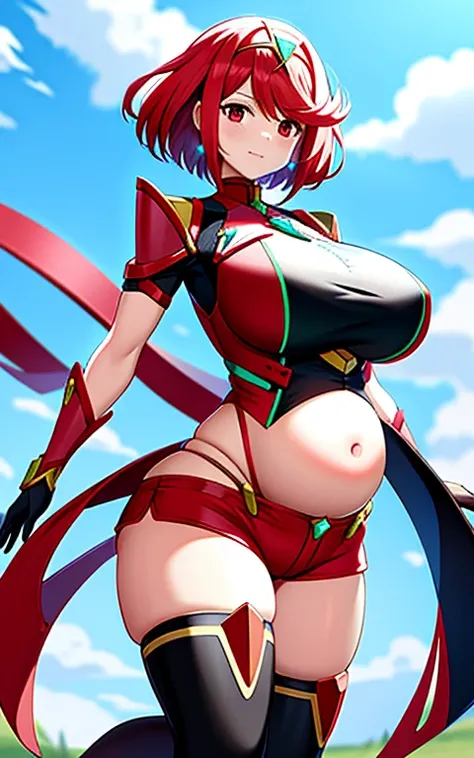 masterpiece,best quality,pyra,(xenoblade),xenoblade chronicles (series), (xenoblade chronicles 2),1 pregnant girl, armor, bangs, black gloves, breasts, red eyes,earrings, eyelashes, fingerless gloves, floating hair, framed breasts, gem, gloves, hair orname...