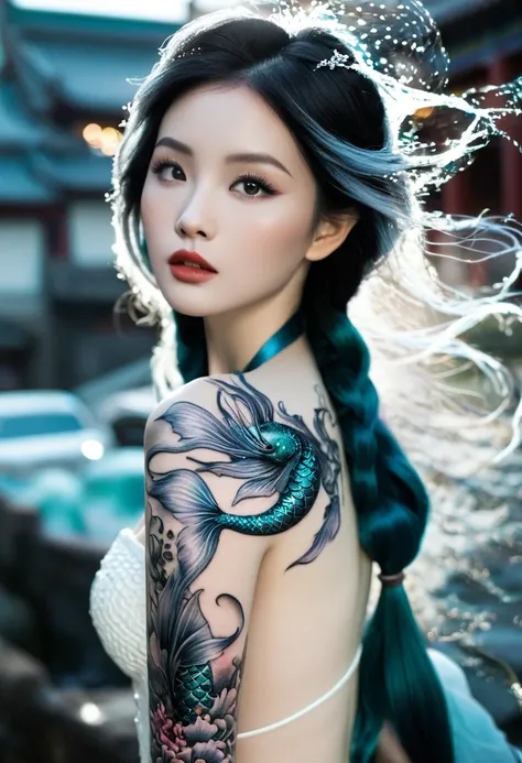 Photographic style，Photography，Ultra-clear details，Chinese Beauty，Snow-white skin，White skin
"Mystical Mystery" - Dark Fairy Tales: Enigmatic shadows enhance her mermaid tattoo, casting a spell over the moody urban landscape.
