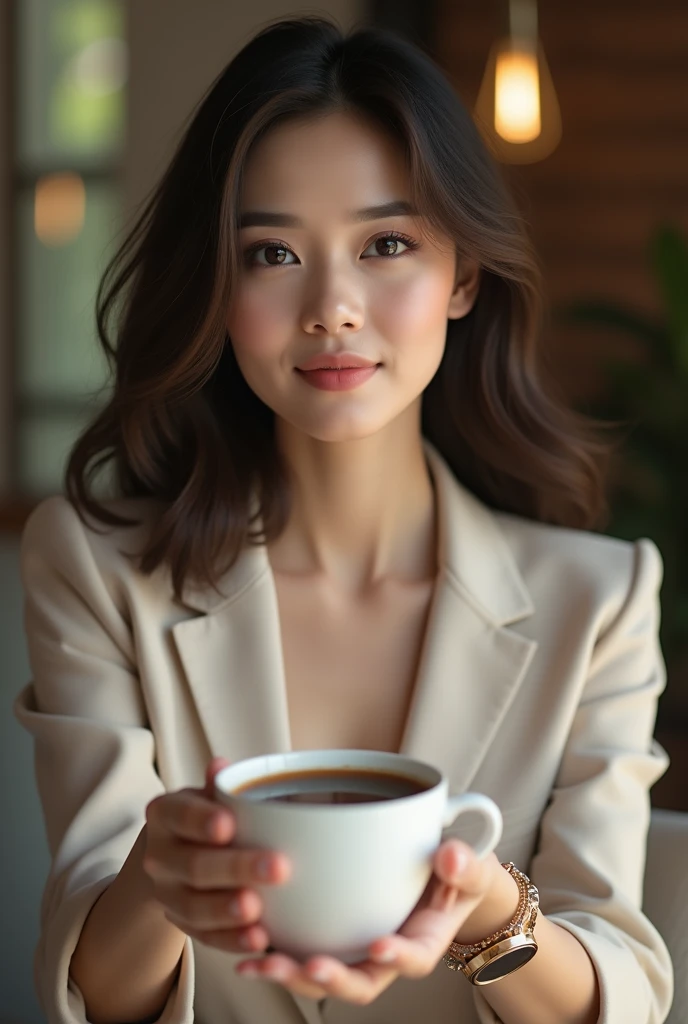 (8 k, Best quality, master part:1,2), (Realistic, photorealistic:1,37), Excellent quality, master part, beautiful woman, Would you like to drink coffee?, cup of coffee, style elegant. indonesian women style, pure white skin, beautiful eyes, Medium hair, we...