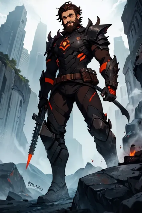 male, black short hair, orange eyes, dark grey rock like skin, lava (((1boy))), (((brown bets))), (black metal shoulder guards), (black goggles), beard, long legs, gentle smile, older man