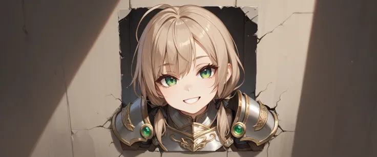 、((through a wall， stuck in place))、Light brown hair_And ahoge_Short, low-cut pigtails tied with black ribbons_Green droopy eyes reflecting light_Perfect appearance 1.1＿Toothy smile＿(clothing;armor).、Upper body only