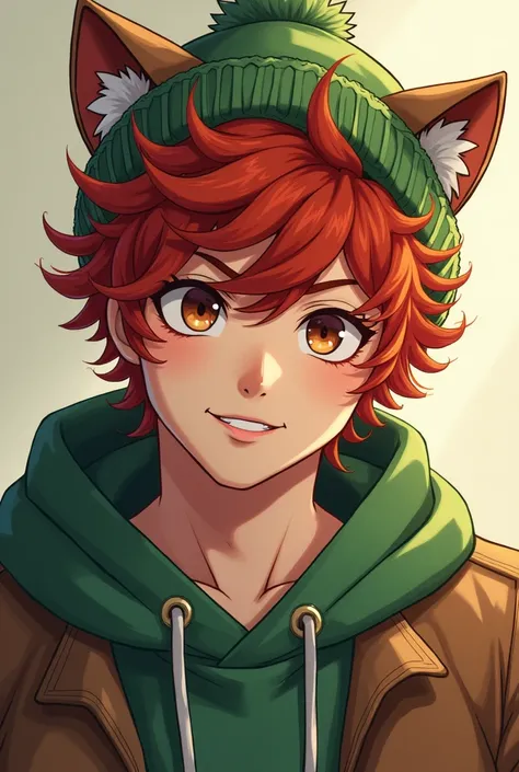 A brunette man full masculine more masculine with curly red hair and a beanie green with cat ears, baggy sleepy eyes and brown asian eyes, manga ranfren style captain howdie style, without face hair 