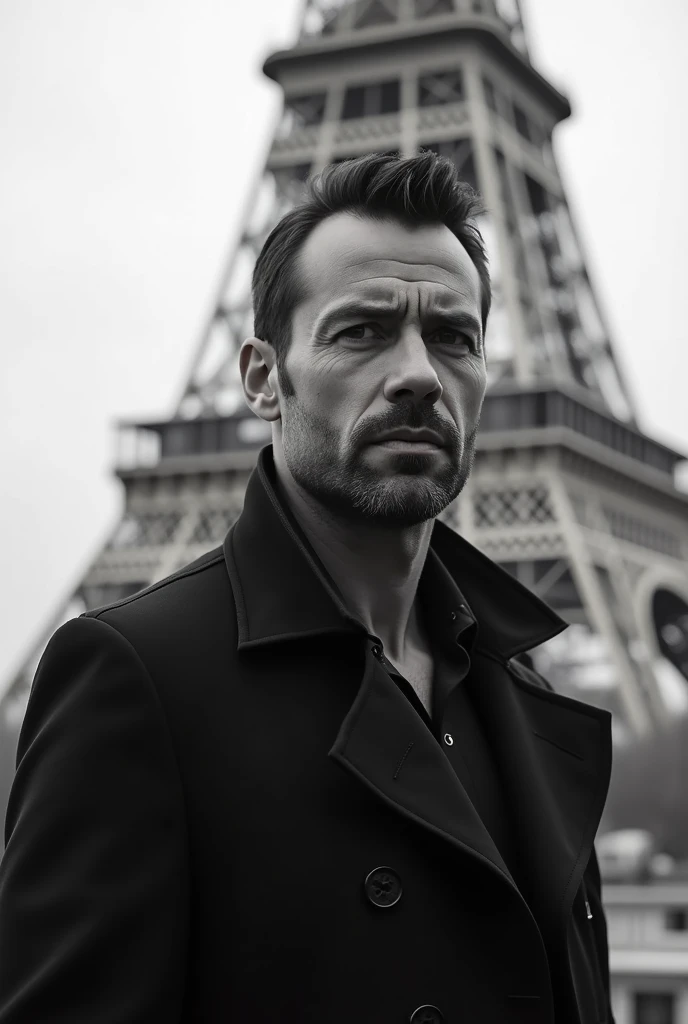 Image of a male, with Eiffel tower, black and white image