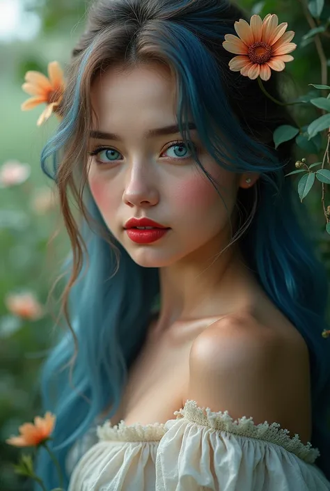 One village hot girl blue and brown hair,deep blue eyes,nature red lips 

