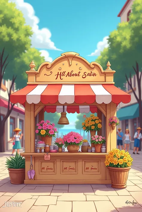 I am looking for a realistic simple stall of a small business shop that specializes in selling flower bouquet . The stall is located at plaza. The illustration should have a cartoon-like quality. The shop should be named "ALL ABOUT SATIN" with no other nam...