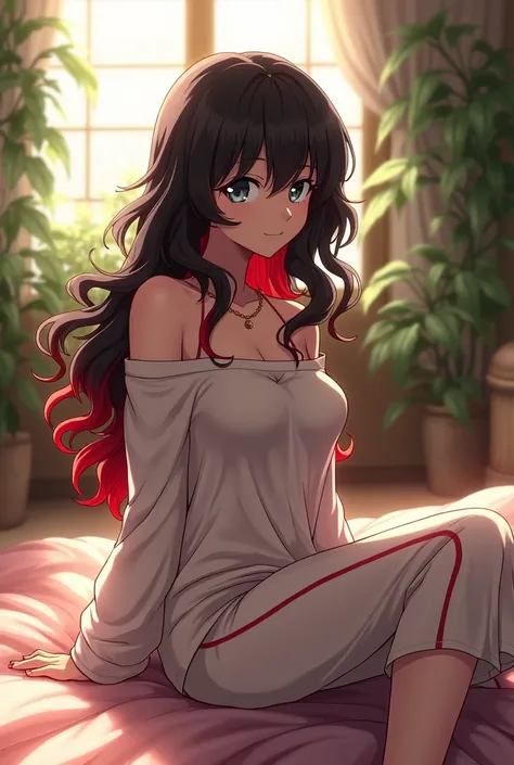 (photorealism:1.2), beautiful anime girl, Ruby Rose rwby, sitting on bed, wearing loose off-shoulder top, pajama pants, long curly hair, indoors, soft lighting, plants in background, window with sunlight, cozy room, relaxed pose, realistic, intricate detai...