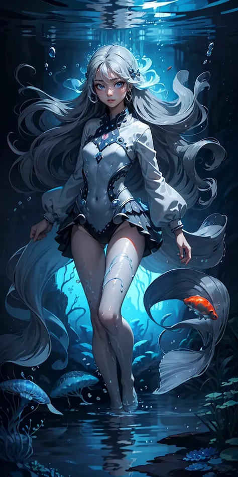 (muste piece), (best quality), very detailed, 1 girl, Solo Full Body Shot, perfect face, beautiful girl, very detailed顔，(long gray hair:1.5)，(blue eyes:1.4)，(float:1.4)，(in water:1.4)，seabed，bubble，School of small fish，Light，jellyfish，seaweed，Red fish，Yell...