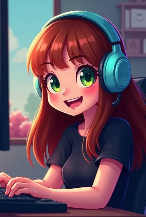 chica gamer, with large, expressive dark green eyes, long straight dark copper hair color, thin white, Looking ahead, playing  , smiling, cartoon , without glasses with a black short t-shirt, with light blue gamer headphones