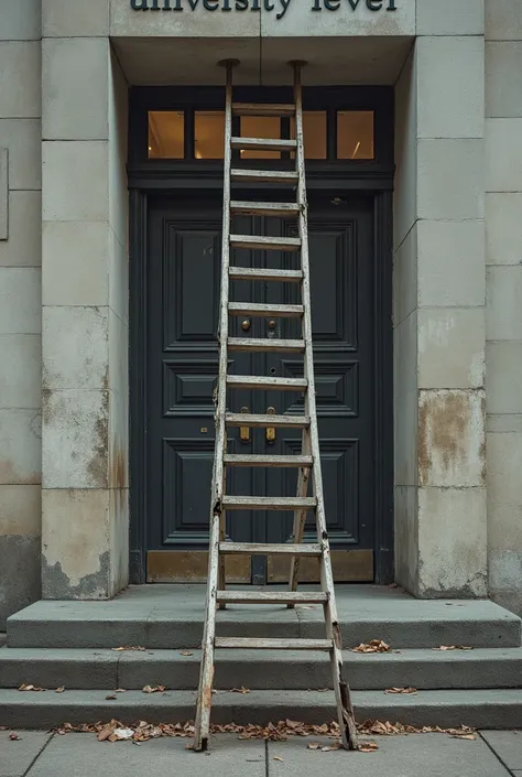 Photograph a ladder leaning against a building labeled "University Level," but the ladder is broken or missing rungs, suggesting the impossibility of reaching those expectations.