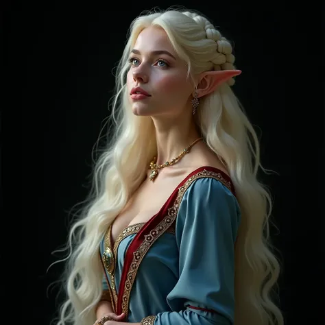 ELVE FEMALE (TOLKIEN) , FULL BODY IMAGE , STUDIO IMAGE STYLE, BLACK INFINITE BACKGROUND, DIFFUSED LIGHTS ON FACE, BACK LIGHTS ON HAIR, LUMINOUS HAIR, CLOSE FACE SHOT, BLONDE LONG HAIR, HUGE STRAIGHT LONG HAIR, BRAID HAIR STYLE, PLATINUM EYEBROWS, VERY PALE...