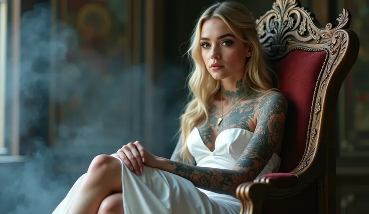 a beautiful young girl, 4k, ultra detailed, intricate tattoos, smoke, expressive beautiful face, long eyelashes, wearing a fantasy white dress, wearing fantasy white high heels, sitting on a throne, crossed legs, sexy, flawless makeup