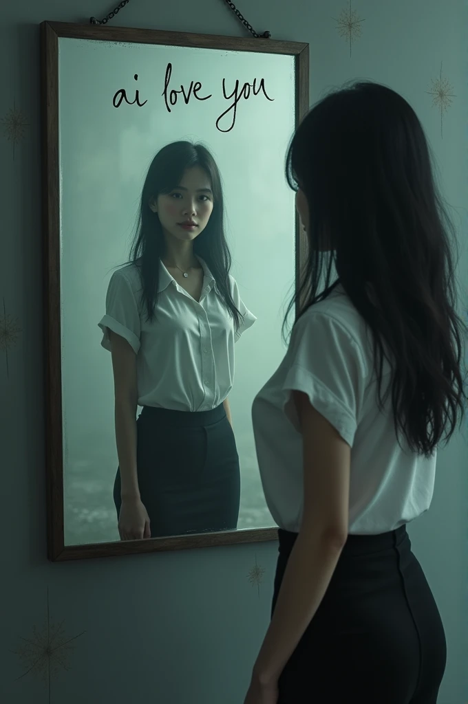 "AI love you" written on a foggy mirror, reflection of a woman with nisit clothes short sleeves white shirt and black pencil skirt , creating an intimate atmosphere, detailed, high quality,