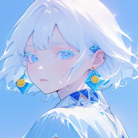 Upper Body，The Minimalists，Fashion Girl，White hair，Blue Background，Wearing special earrings，Bohemian style，Transparent eyelashes，Bright blue eyes，Clean通透的眼珠，Closures，Smiley face flat illustration，geometry，Clean，Japanese Manga