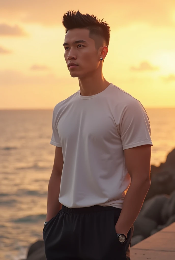 A Cambodia young man, two blocks hair style, wear a white t-shirt and black pant standing next the sea when sunset.