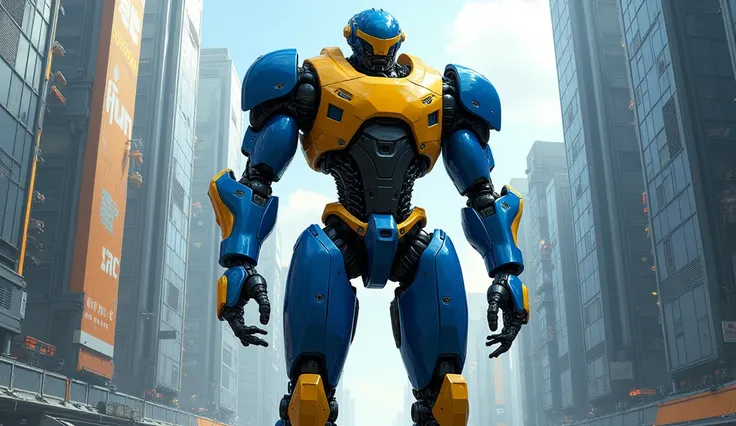 Be sure to draw the entire body. The strongest robot in Deep blue and yellow. High quality. Detailed drawing. Slim robot. Dense and detailed design. Realistic texture. Luster. Modern building district. It looks very functional and very strong.