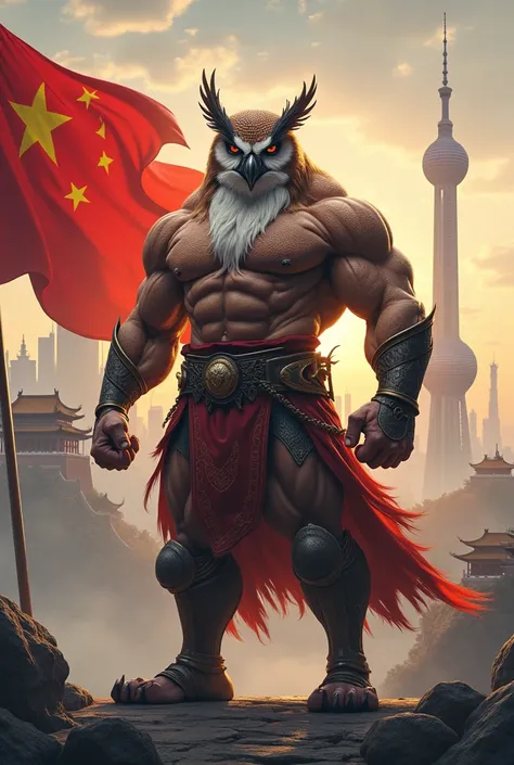 Design a fierce, muscular warrior with the body of a bodybuilder and the head of an owl, symbolizing wisdom and strength. To one side, a large Chinese flag flutters proudly. In the background, showcase iconic elements of Chinese culture and landmarks, such...