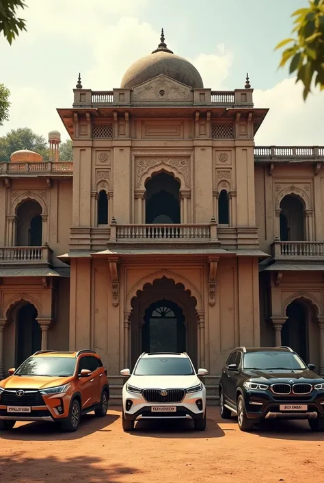 In back ground old Indian house , where in front of the house four cars are standing such as Toyota fortunes , Toyota hydros , bmw 3 series and mahindra scorpio n