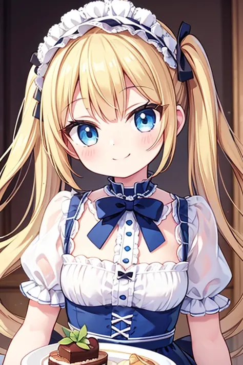 A happy smile,gateau chocolat,Highest quality,Blonde with blue eyes、Lolita、Small breasts、Twin tails、girl&#39;enjoy,smile,bonnet,