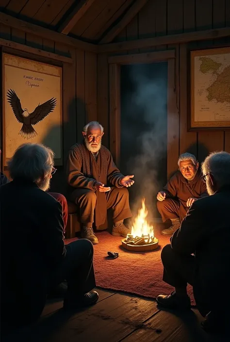 6. An old man telling village folklore. In an old wooden house.、Local old people gathered around the fire、He talks about the legend with a serious expression.。In the background are old maps and paintings.、The painting of an eagle on the wall tells the horr...