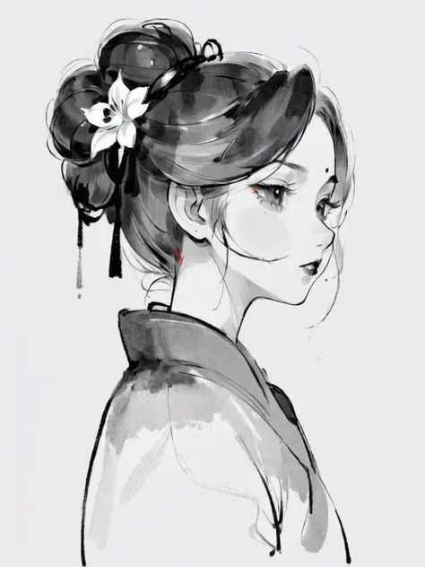 ink painting style, 1 girl, monochrome, grayscale, solitary, white background,flower, hair bun, upper body