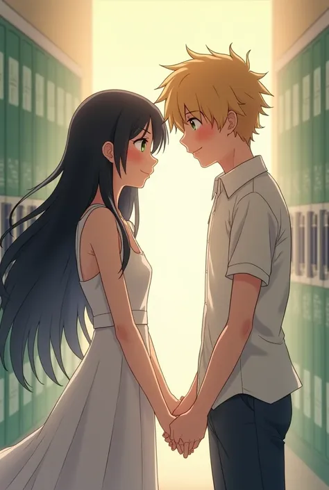 Girl with long black hair and faint green eyes, and a blonde haired guy holding hands and smiling (high school students) (anime)
