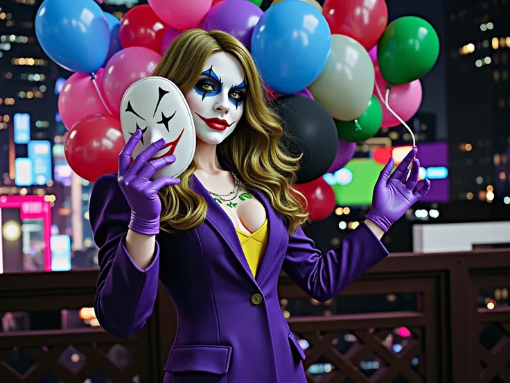 屋上に立つFemale Joker、masterpiece, Best Quality, figure, {Beautiful Detail Girl}, Beautiful light details, Beautiful woman with clown make-up、Female Joker, Clown mask in hand、smile、clown mask, serious expression, long wavy hair, purple blazer, yellow top, purp...