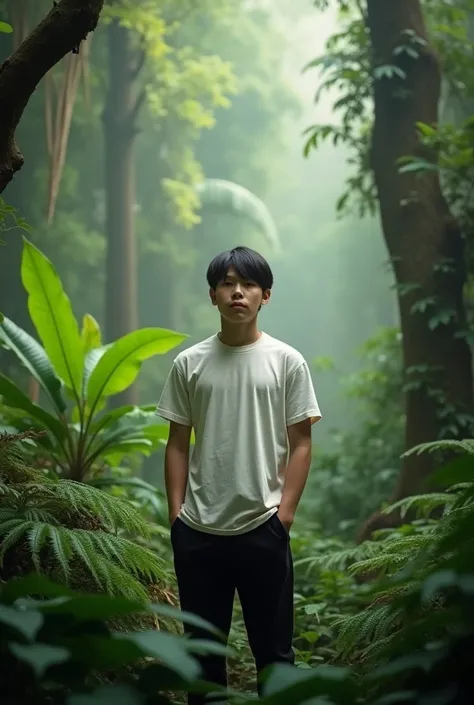 A Cambodian young man, straight hair,  wear a white t-shirt and black pant standing in the forest.