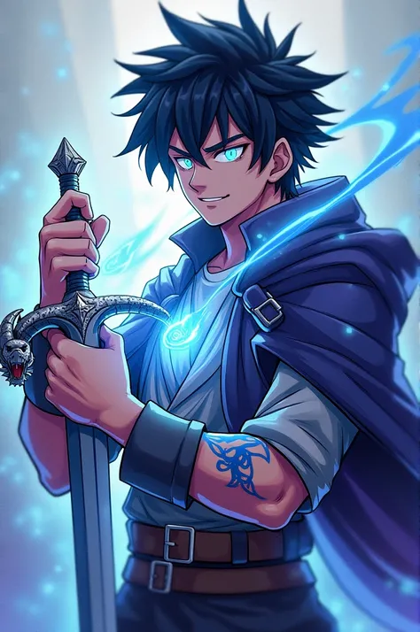 Key Elements:

Kaitos facial expression is determined and fierce, with a hint of a smile suggesting his confidence and courage.
His eyes are glowing with a soft blue light, indicating his magical abilities.
His right hand is clenched into a fist, with his ...