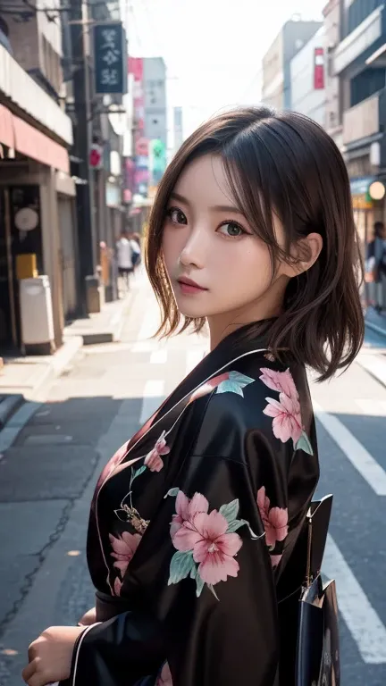 Beautiful Japanese Supermodel Women, Hair with subtle highlights, Black Eyes, sexy，Street Background，Gorgeous kimono , The liquid color runs down her face, Shooting in backlight，Perfect Face Lighting，Mixed Media,Turn right