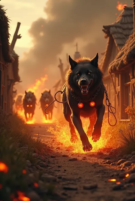 imagine un chien traînant deux chaines reliées a son collier. au bout de chaque chaîne une boule est enflammée. le chien traverse, à vive allure, un village rustique médiéval en toit de chaumes. Son passage laisse une traînée de flammes qui brule les maiso...