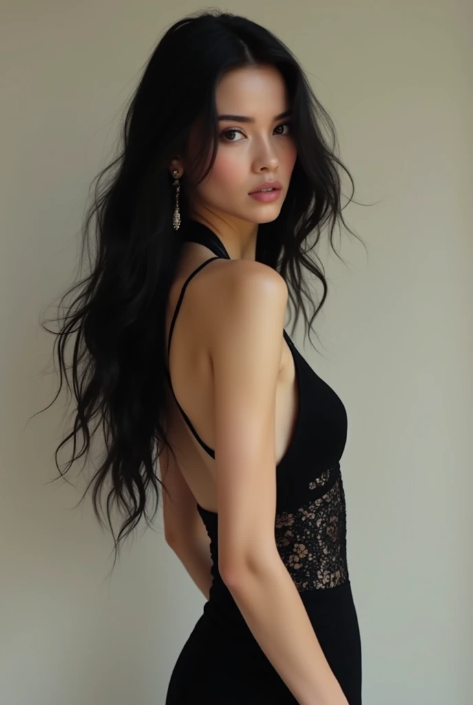 Design me a slim body girl with long black hair, beautiful eyes, with elegant clothes 