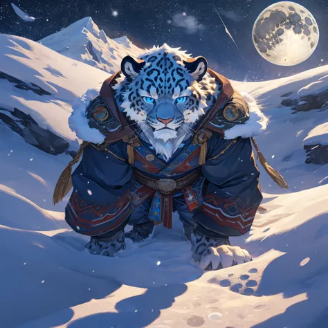 Snow leopard, eyes, adult, furry, muscular, snow clothes, olds , perspective from below, above you perspective, lying in the snow on top of you, to the moon on a snowy mountain, blizzard, sweating, radiant, Blue eyes, Alone, defined form, old, anime