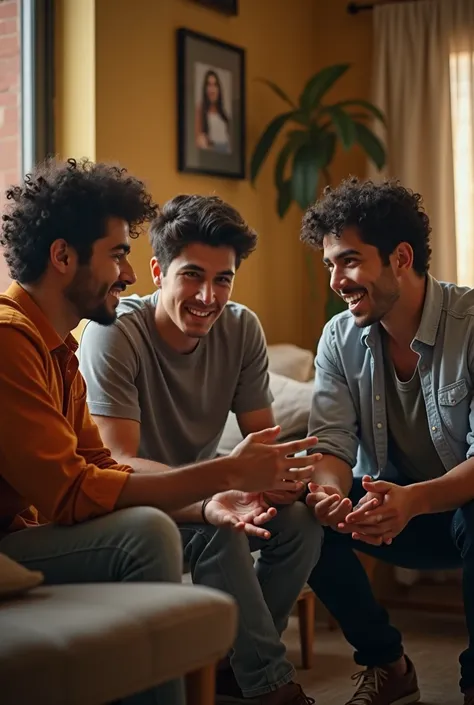 3 Peruvian male cousins aged 24 discussing a project in the living room of the house.
