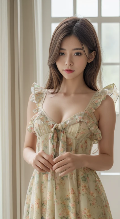 (((highest quality, 4K, masterpiece: 1.3))), (((Ribbon Tie Frill Chiffon Floral Camisole Dress))), Beautiful woman, (underwear, chest, perfect body: 1.2, lingerie), abs: 1.1, dark brown hair: 1.1, super detailed face, detailed lips, fine eyes, double eyeli...