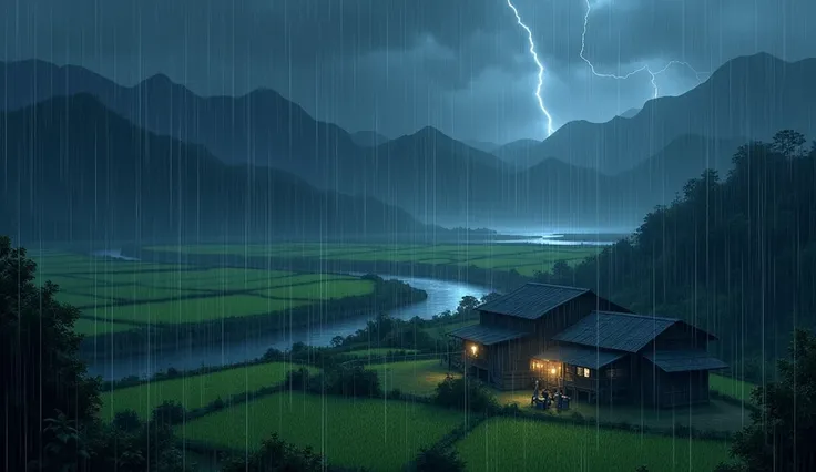 Heavy Rain At Night In Small Village With Rice Fields River And Mountains Background 