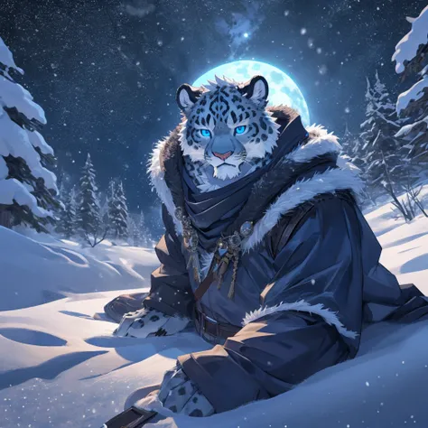 Snow leopard, eyes, adult, furry, muscular, snow clothes, olds , perspective from below, above you perspective, lying in the snow on top of you, about you, at night on a snowy mountain, blizzard, snow storm, radiant, Blue eyes, Alone, defined form, old, an...