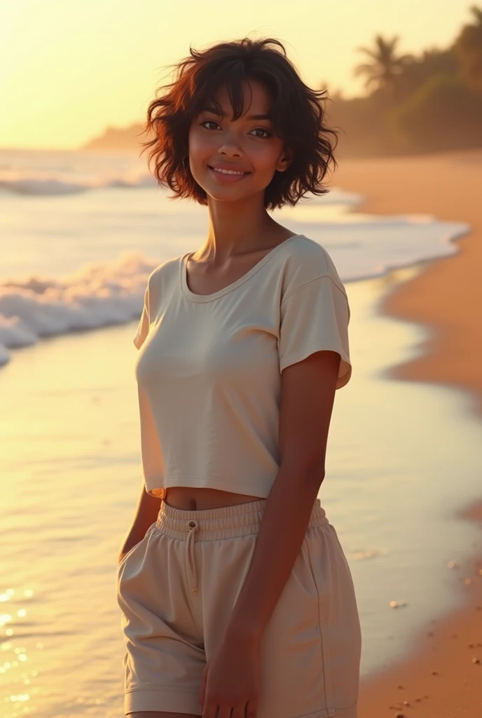 A photorealistic portrait of a 19-year Indian female stands confidently near a beach, with sun-kissed brown skin and expressive dark brown eyes. He has short, tousled black hair and a gentle smile, dressed in a casual t-shirt and light shorts. The scene ca...