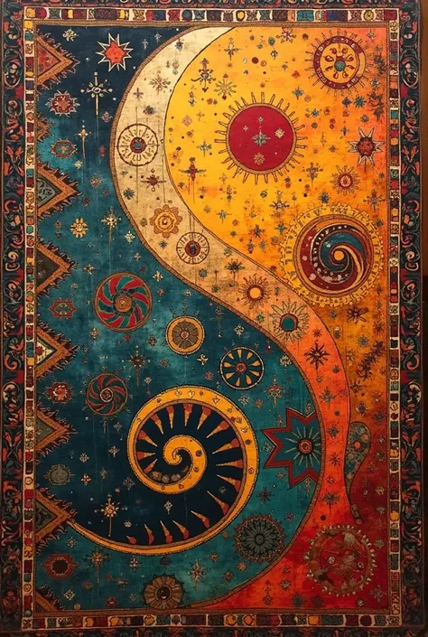 Fusion of art style by Bill Sienkiewicz , abstract background , Indian and Persian art style, rug, art background theme, zen,Aztec borders