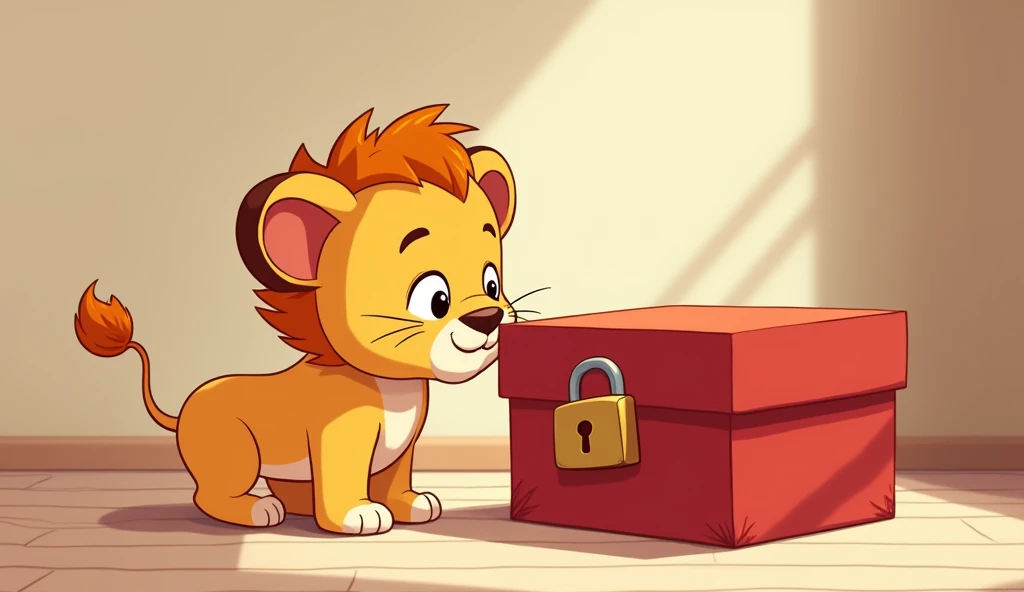 Animal little lion cartoon style जहां उसे खाली कमरे में रेड बॉक्स दिखाई देता है जिस पर ताला लगा हुआ था  शेरु ओपन कर देता है